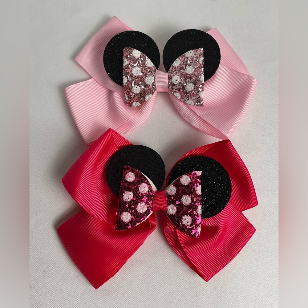 2 Mickey Mouse Pink and Red Bow Hair Clips